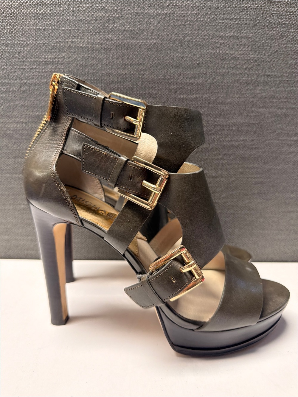MICHAEL Michael Kors Dark Olive Strappy Platform Buckle Heels